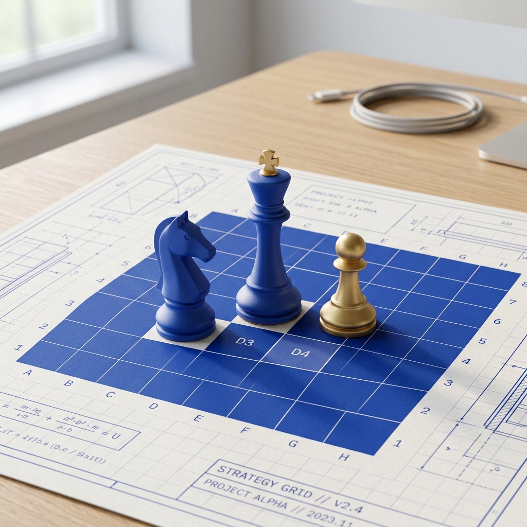 Strategic chess elements 3D blueprint